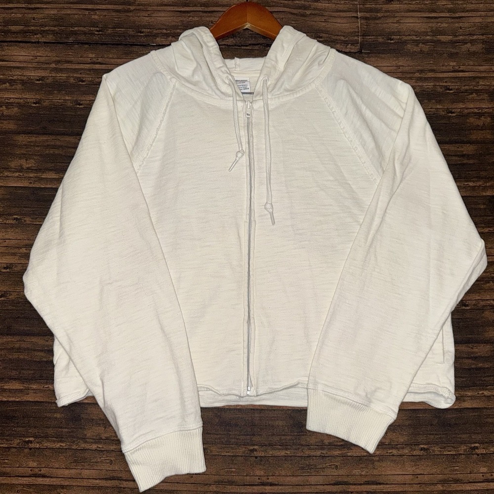 PINK Victoria's Secret Cream Cropped Zip Hoodie L Raw Hem Sweatshirt - Picture 1 of 7